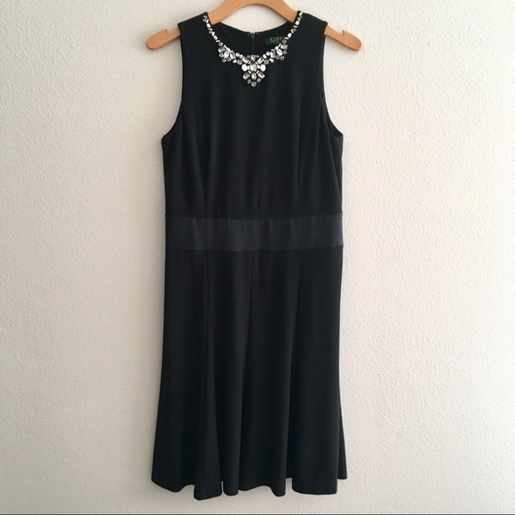 Lauren Ralph Lauren Black Dress Sz 8 Bead neckline - Picture 1 of 8